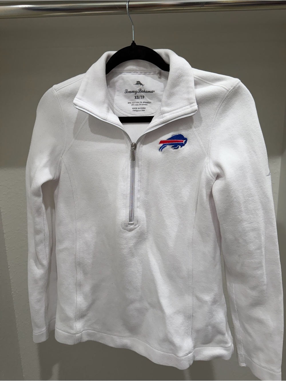 Tommy Bahama White Half-Zip Pullover with Blue and Red Buffalo Logo